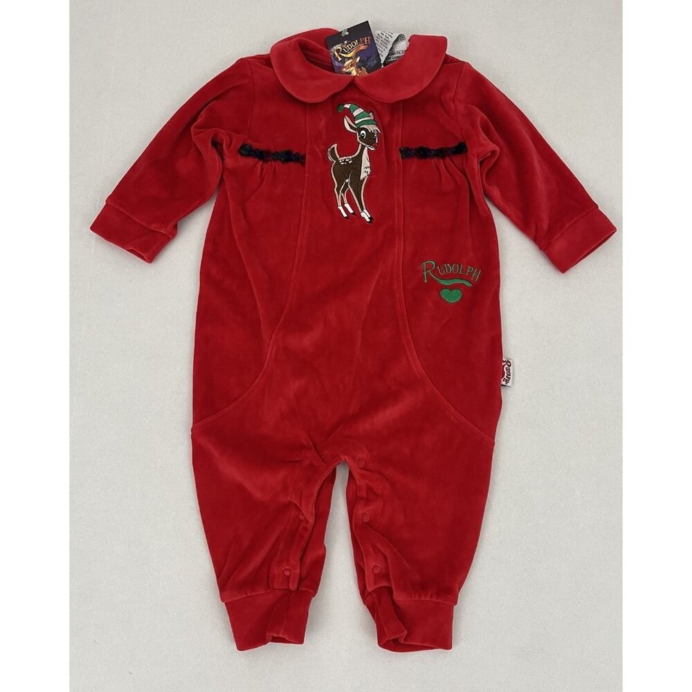 Vintage 1999 Rudolph Red Nose Reindeer Velour One Piece Romper Size 18 months NW
